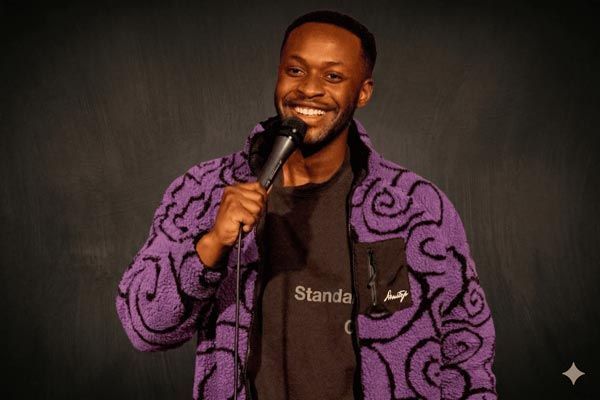 Smiling comedian holding a microphone on stage, wearing a purple patterned jacket.