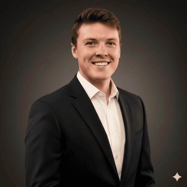 Man in a navy blazer and white shirt smiles at the camera against a gray background.