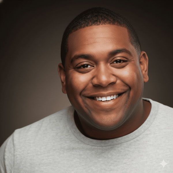 Smiling man with short dark hair in a gray shirt against a blurred background.