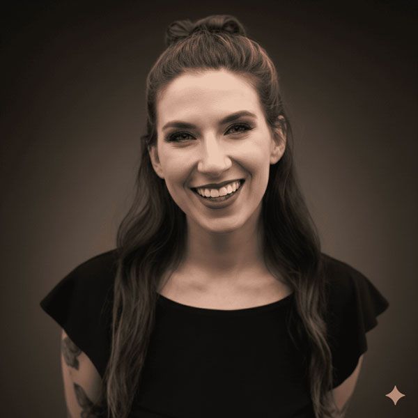Woman with long dark hair smiles, wearing a black top. Dark background.