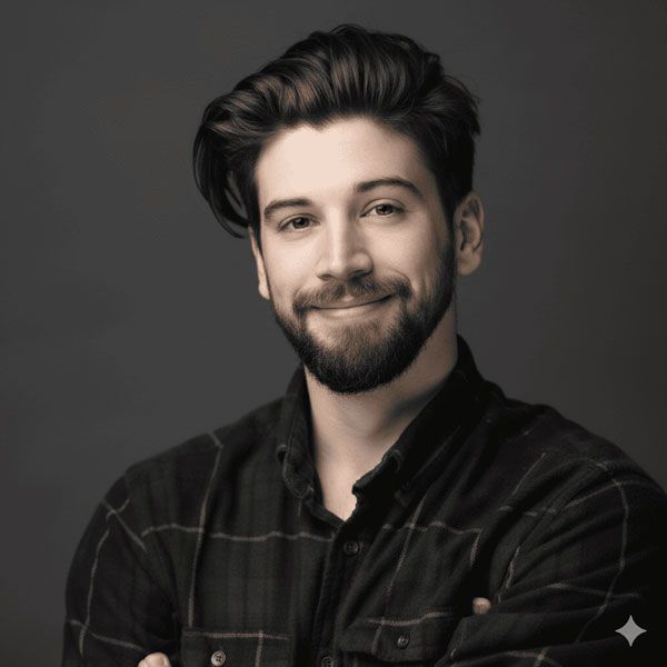 Man with dark hair and beard smiles, arms crossed, wearing a black and brown plaid shirt against a gray backdrop.
