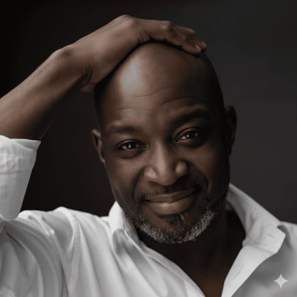 Man in white shirt touches his head, smiling at the camera, against a dark background.