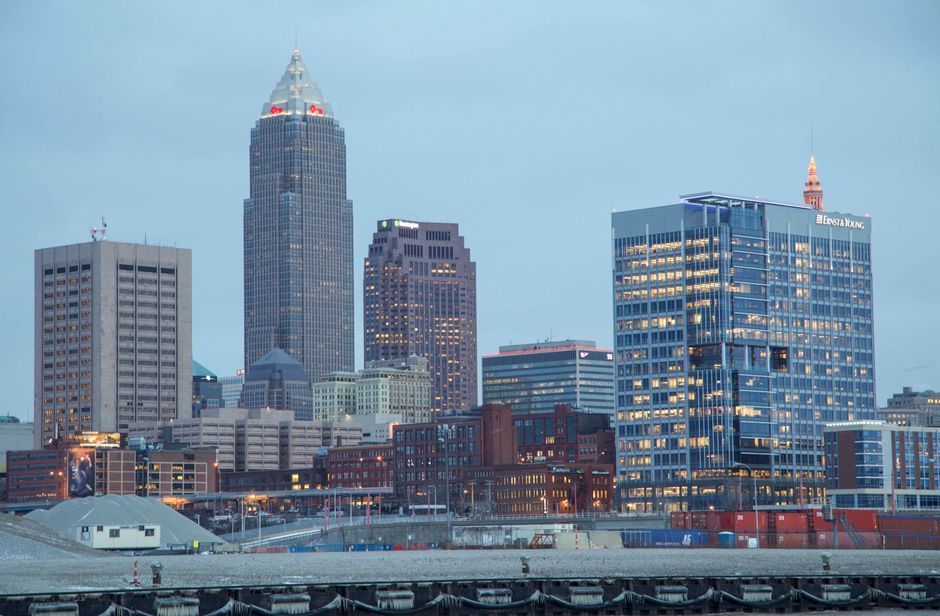 The Cleveland downtown skyline at dusk over Lake Erie