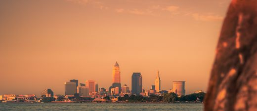 The downtown Cleveland skyline across Lake Erie on a summer evening