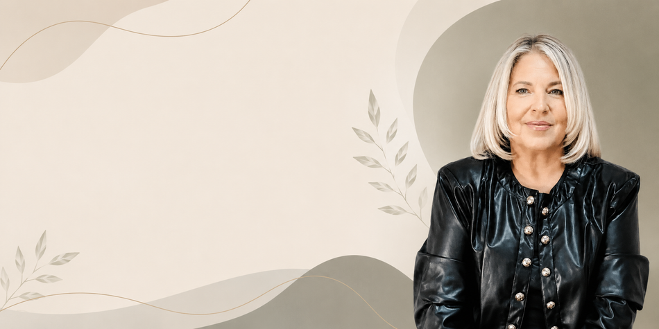 Retrato de una mujer con una chaqueta de cuero negra sobre un fondo abstracto de color beige suave.