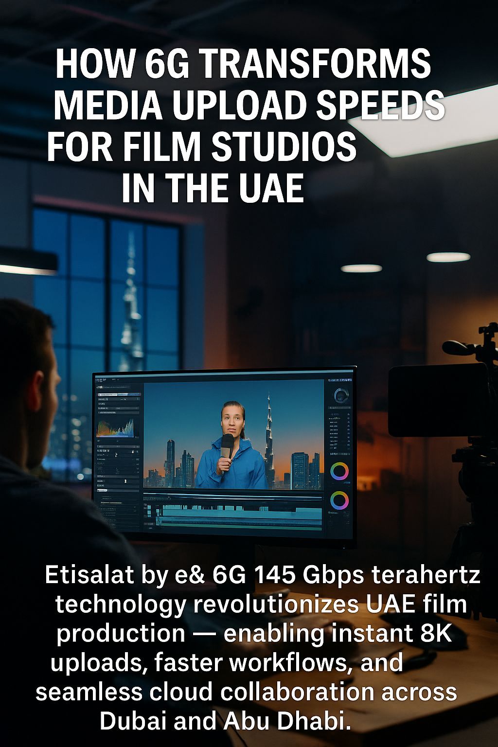 Vertical image of a Dubai film studio using Etisalat by e& 6G 145 Gbps terahertz network for 8K video uploads, with Burj Khalifa skyline in the background symbolizing ultra-fast creative connectivity.