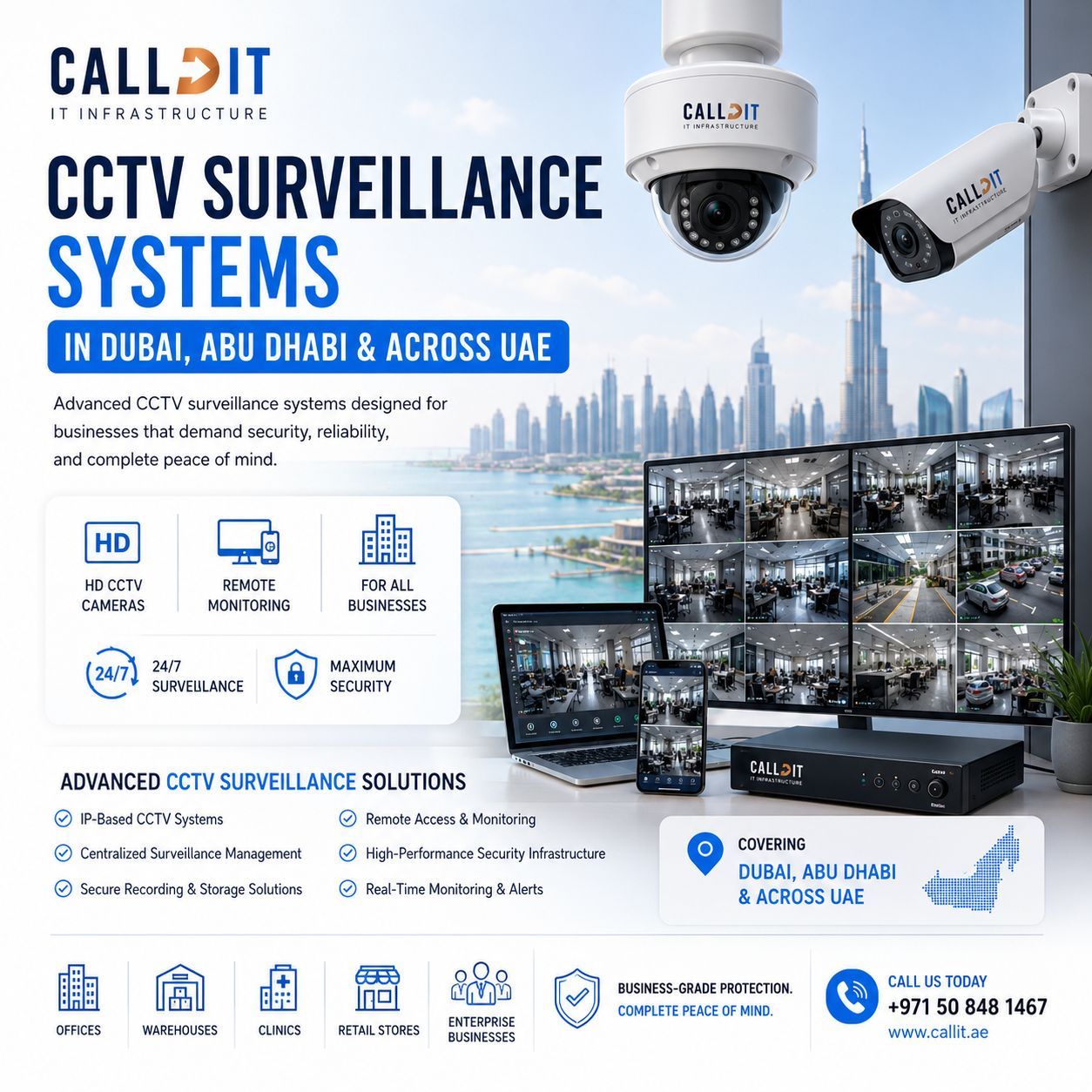 Premium CCTV surveillance systems in Dubai, Abu Dhabi, and across the UAE by CALLIT IT INFRASTRUCTURE featuring HD CCTV cameras, remote monitoring systems, IP-based surveillance infrastructure, centralized video management, mobile CCTV access, and enterprise security solutions with Dubai skyline and Burj Khalifa background.
