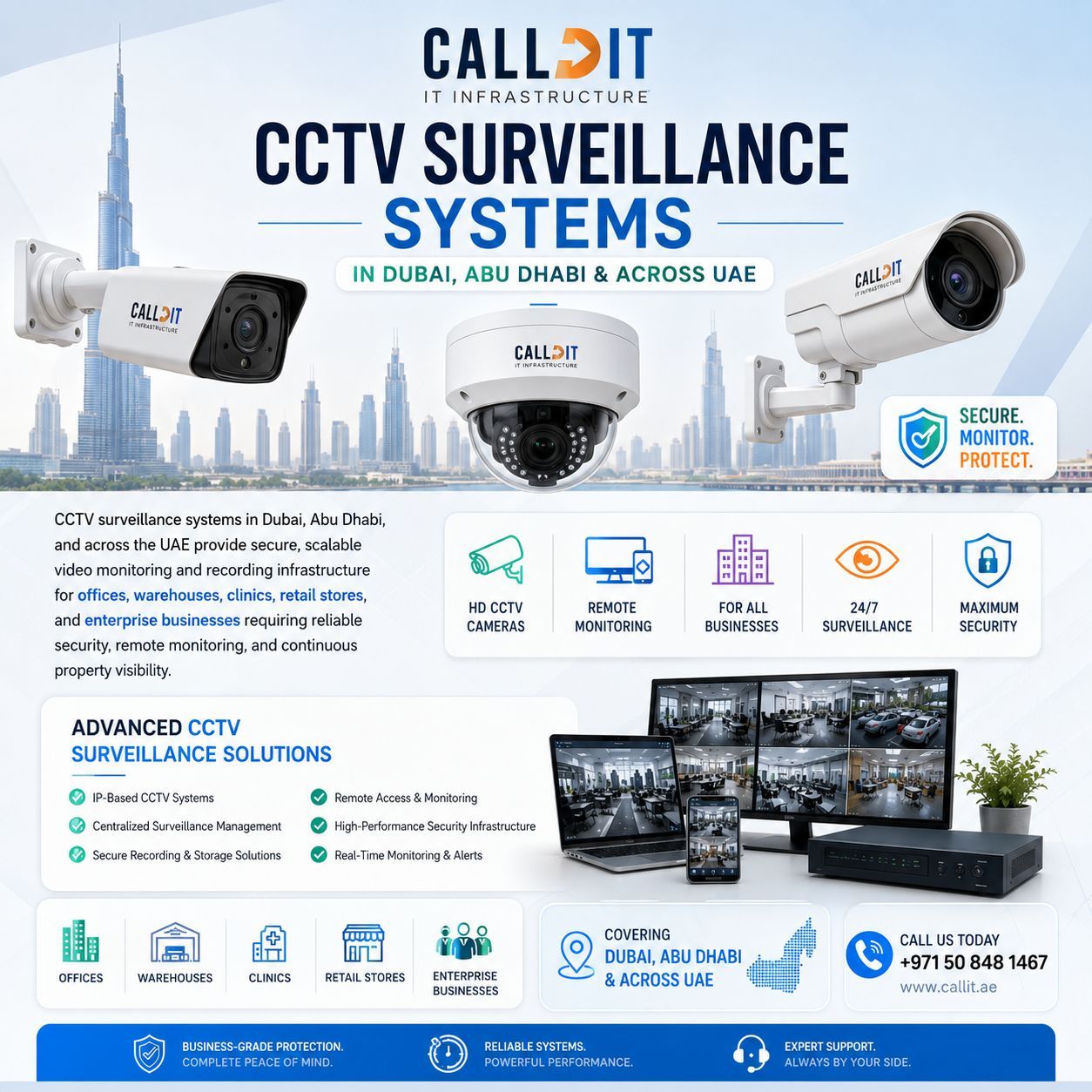 Enterprise CCTV surveillance systems in Dubai, Abu Dhabi, and across the UAE by CALLIT IT INFRASTRUCTURE featuring HD CCTV cameras, remote monitoring, IP-based surveillance systems, business security infrastructure, centralized video recording, and commercial security solutions with Dubai skyline and Burj Khalifa background.
