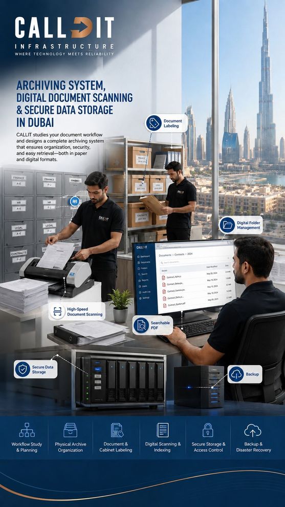 CALLIT IT INFRASTRUCTURE archiving system in Dubai with digital document scanning, folder management, file organization, document labeling, cabinet labeling, secure data storage, searchable PDF creation, access control, backup planning, and physical paper storage organization