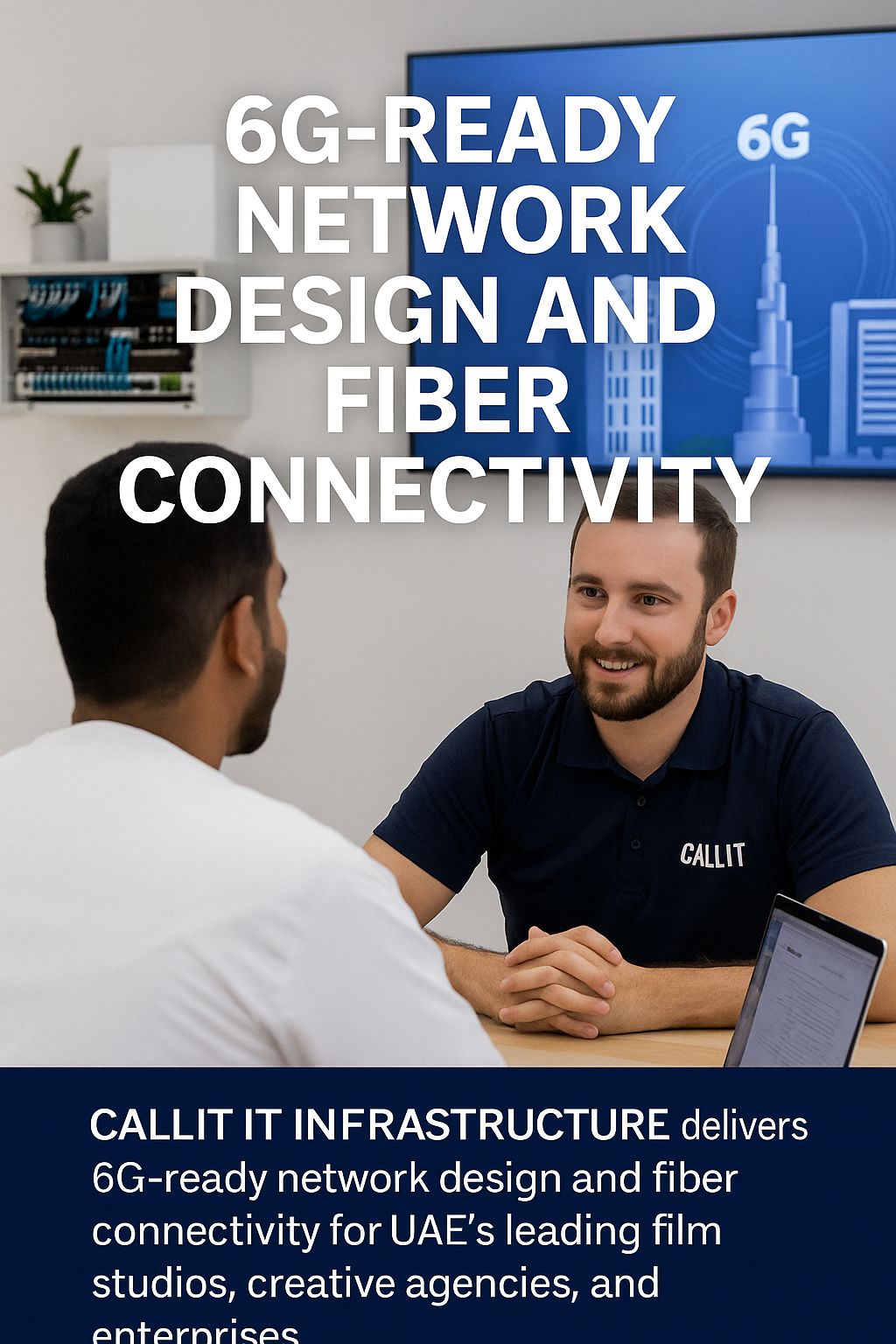 Vertical image of CALLIT IT INFRASTRUCTURE engineers in Dubai configuring high-speed 6G network systems with Etisalat by e& fiber connectivity, Burj Khalifa skyline, and glowing blue cabling.