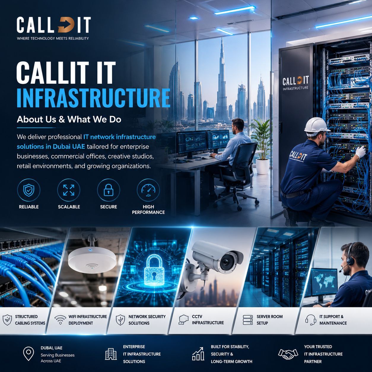 CALLIT IT INFRASTRUCTURE About Us section image showcasing professional IT network infrastructure solutions in Dubai UAE including structured cabling systems, WiFi infrastructure deployment, network security solutions, CCTV infrastructure, firewall configuration, server room setup, business IT support, enterprise network infrastructure, and scalable technology solutions for modern businesses across Dubai and the UAE.