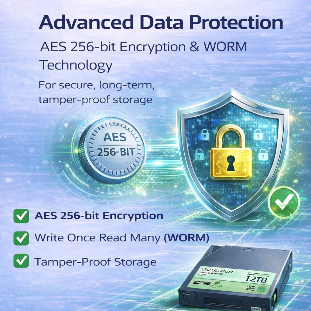 Advanced data protection solution by CALLIT IT INFRASTRUCTURE featuring AES 256-bit encryption, WORM technology, and secure LTO media archiving systems for post-production studios and professional media workflows in Dubai