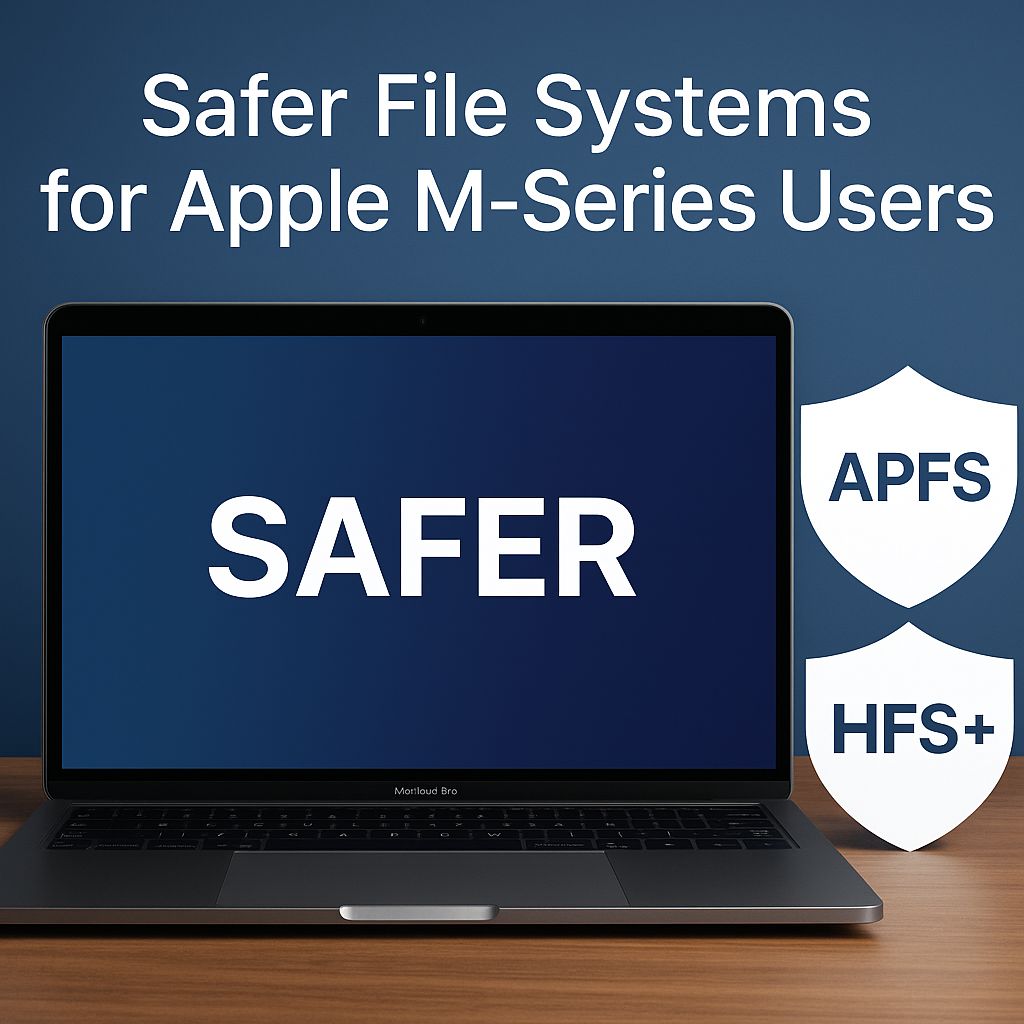 Apple M-Series MacBook Pro showing secure APFS and HFS+ file system shields with “Safer File Systems for Apple M-Series Users” title — illustrating reliable data protection alternatives to exFAT.