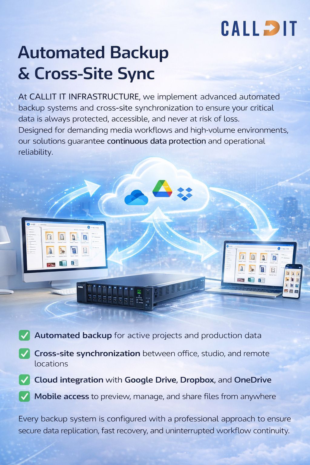 CALLIT IT INFRASTRUCTURE automated backup and cross-site sync system in Dubai with cloud integration secure media archiving data protection and remote access storage solutions
