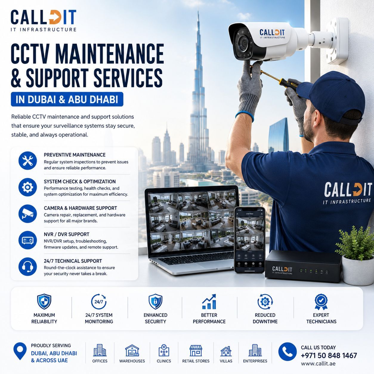 CALLIT IT INFRASTRUCTURE CCTV maintenance and support services in Dubai and Abu Dhabi with security camera troubleshooting, surveillance system repair, NVR support, firmware updates, and 24/7 CCTV monitoring maintenance for businesses and enterprise facilities across the UAE.