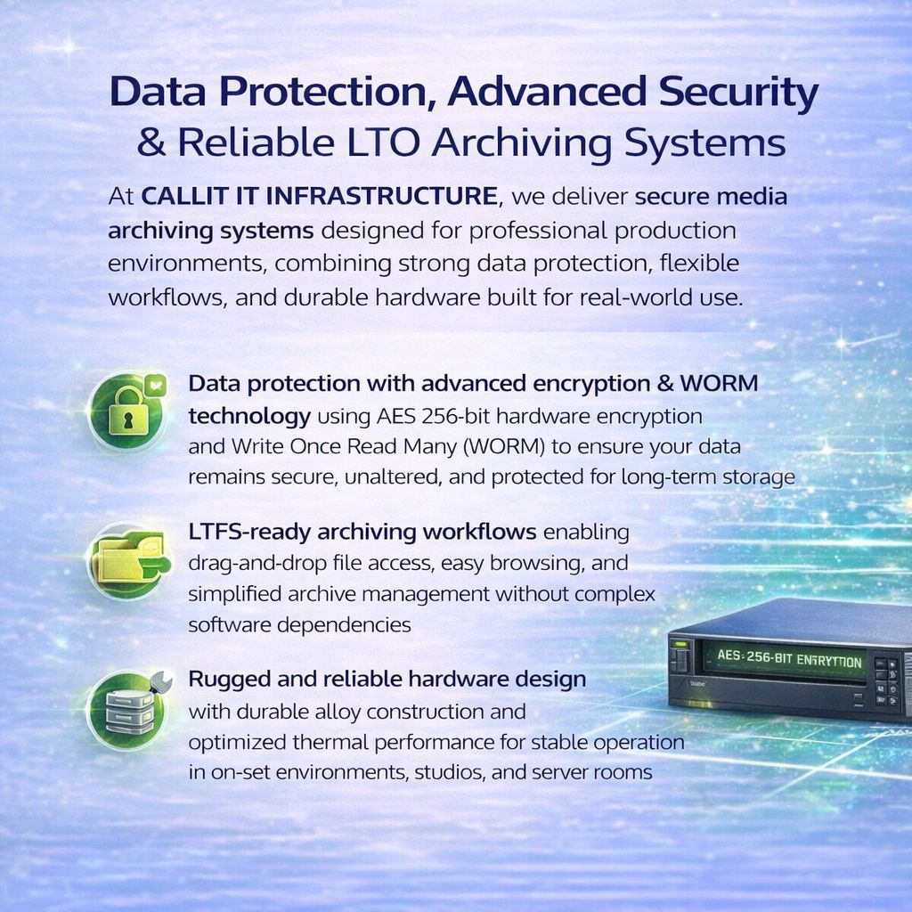Data protection and advanced security media archiving solution by CALLIT IT INFRASTRUCTURE featuring AES 256-bit encryption WORM technology LTFS workflows and reliable LTO storage systems for post-production studios and professional media environments in Dubai