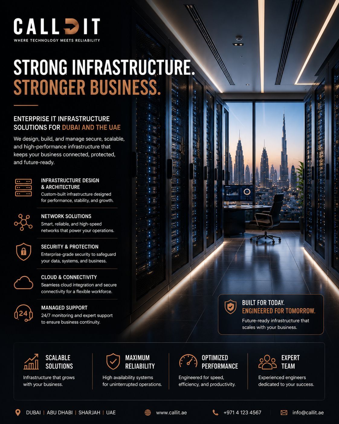 CALLIT IT INFRASTRUCTURE enterprise business network infrastructure solutions in Dubai UAE featuring high-performance server environments, smart network architecture, structured cabling systems, enterprise storage solutions, secure connectivity, infrastructure management, scalable technology environments, advanced security architecture, and professionally engineered business infrastructure designed for operational continuity and long-term enterprise growth across Dubai and the UAE.