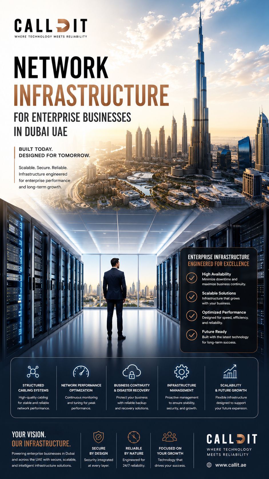 CALLIT IT INFRASTRUCTURE enterprise network infrastructure for businesses in Dubai UAE featuring professionally designed server environments, scalable network architecture, structured cabling systems, business continuity infrastructure, network optimization, enterprise security architecture, storage environments, secure connectivity, infrastructure management, and high-performance business technology environments engineered for scalable enterprise operations across Dubai and the UAE.