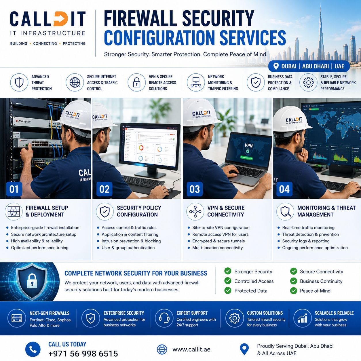 CALLIT IT INFRASTRUCTURE firewall security configuration services in Dubai, Abu Dhabi and UAE featuring firewall setup, VPN connectivity, traffic filtering, business network protection, cybersecurity monitoring, secure remote access, and enterprise firewall security solutions for commercial businesses.