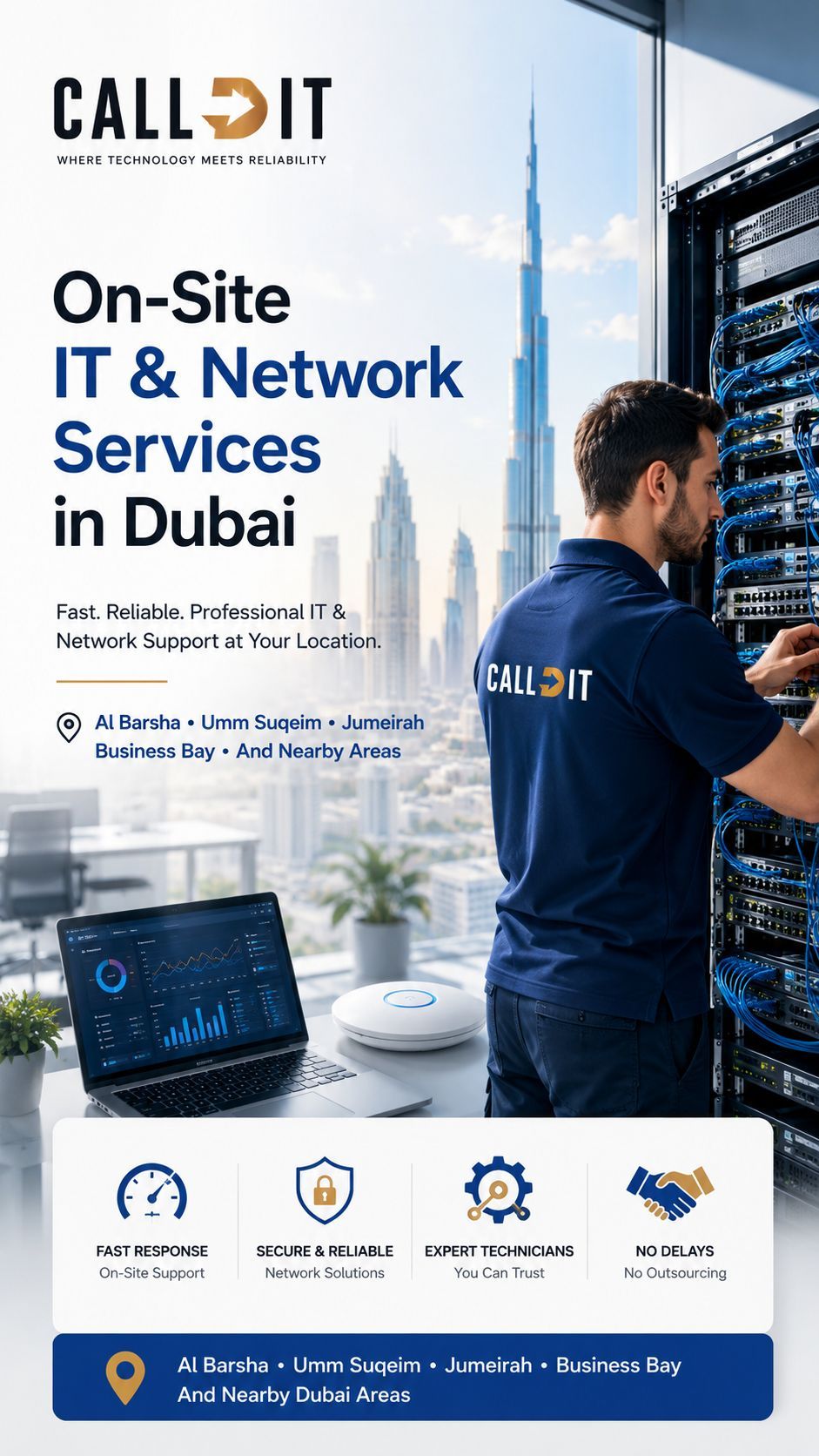 CALLIT IT INFRASTRUCTURE on-site IT and network services in Dubai featuring enterprise network support, structured cabling, server rack installation, Wi-Fi solutions, cybersecurity, and business IT infrastructure services across Al Barsha, Business Bay, Jumeirah, and the UAE.