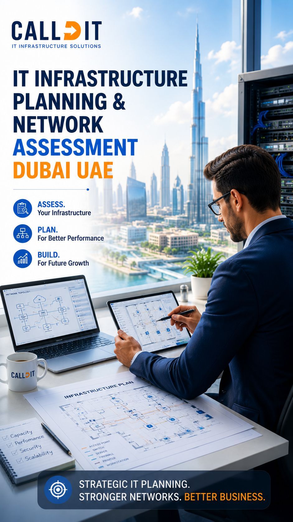 CALLIT IT INFRASTRUCTURE hero image for IT infrastructure planning and network assessment services in Dubai UAE featuring enterprise network analysis, infrastructure strategy planning, structured cabling assessment, scalable business network solutions, server rack infrastructure, and Dubai skyline with Burj Khalifa background.