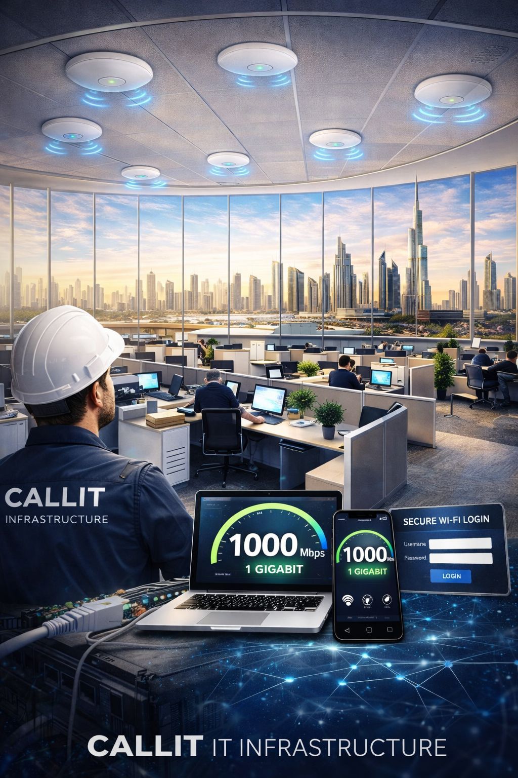 CALLIT IT INFRASTRUCTURE hero image showing enterprise Wi-Fi installation and design in Dubai with multiple access points, 1Gbps wireless speed, and full office coverage across Al Barsha and Abu Dhabi