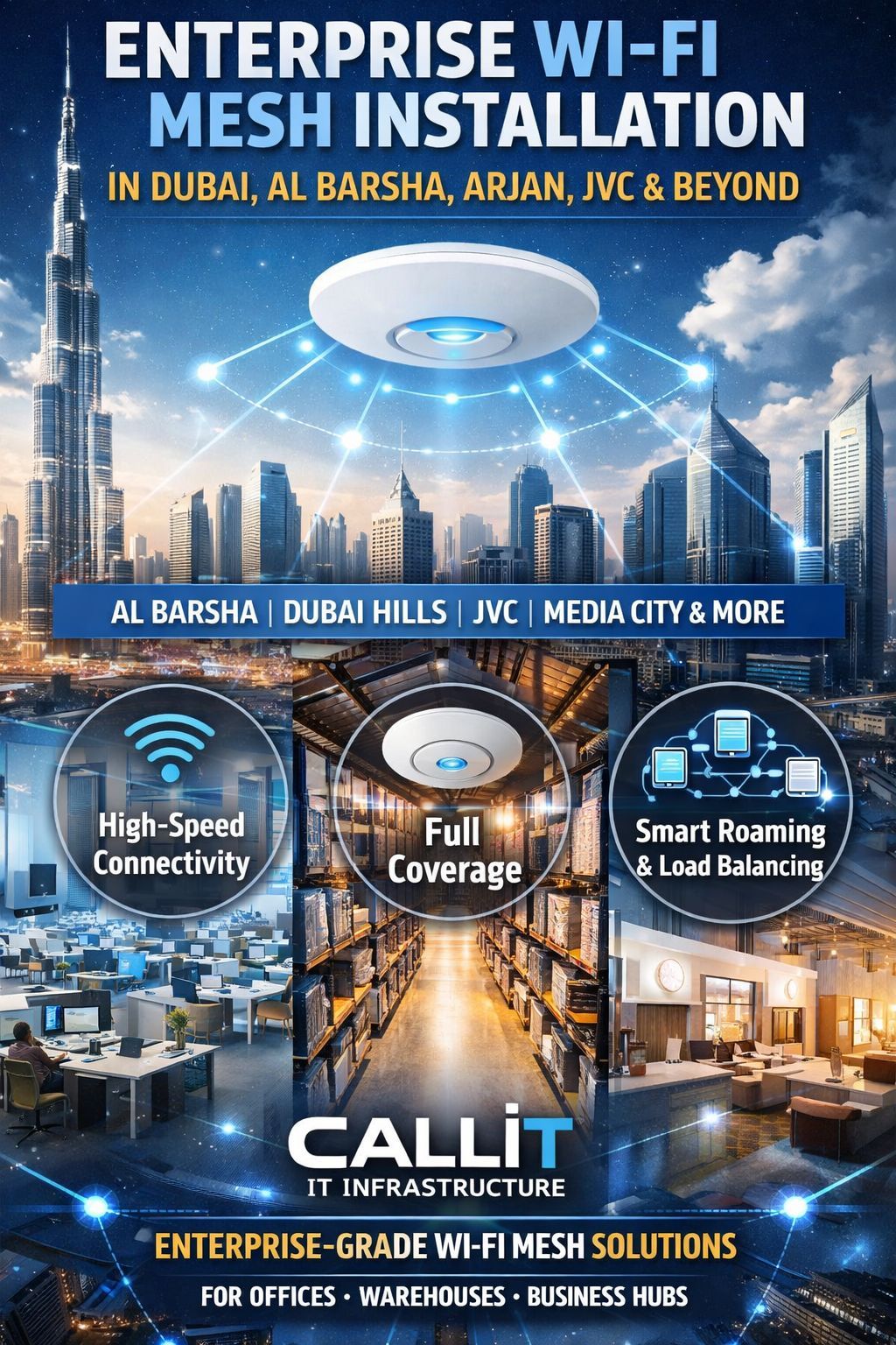 CALLIT IT INFRASTRUCTURE enterprise Wi-Fi mesh installation in Dubai Al Barsha JVC and Abu Dhabi delivering seamless high-speed wireless network coverage for large offices warehouses and commercial facilities in UAE
