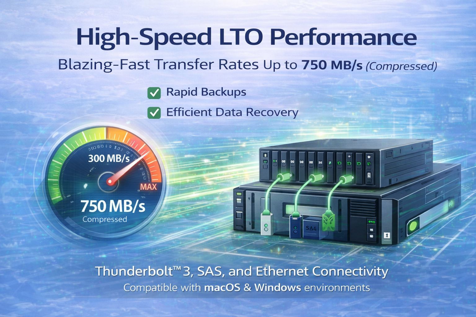 High-speed LTO media archiving performance by CALLIT IT INFRASTRUCTURE featuring Thunderbolt 3 SAS and Ethernet connectivity with fast data transfer rates for video editing DIT workflows and professional media production environments in Dubai
