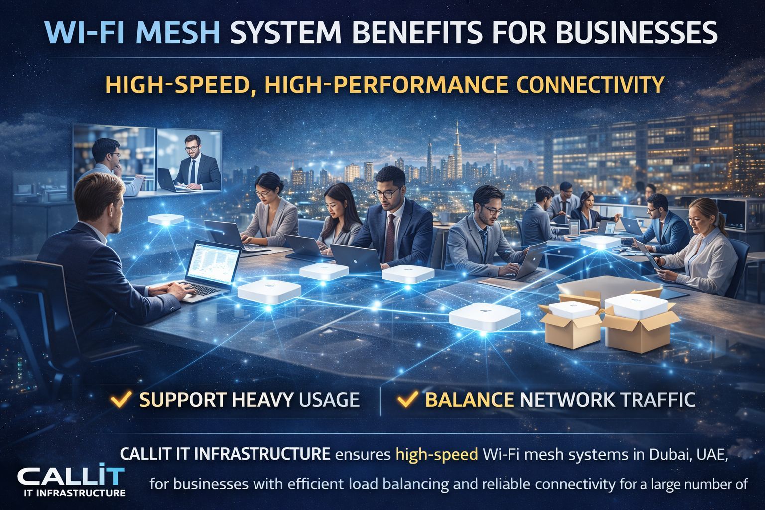 CALLIT IT INFRASTRUCTURE high-speed Wi-Fi mesh system installation in Dubai delivering enterprise wireless network performance with load balancing seamless connectivity and support for heavy usage in offices and commercial environments UAE