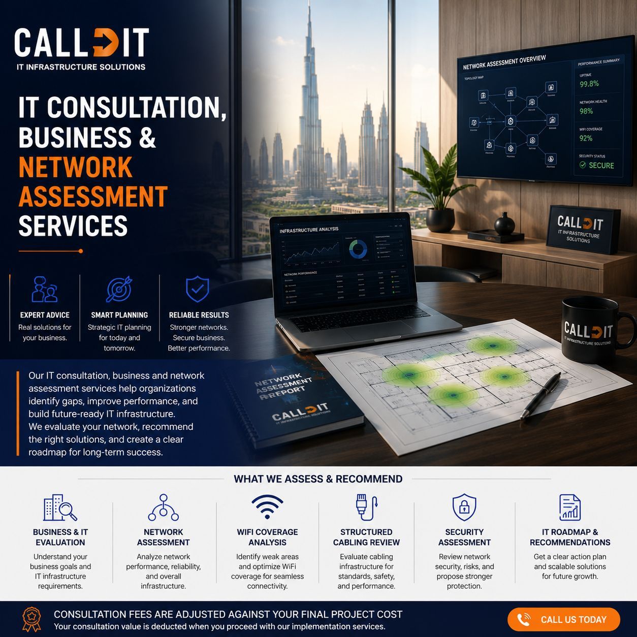 CALLIT IT INFRASTRUCTURE IT consultation and network assessment services in Dubai UAE featuring business IT infrastructure evaluation, network analysis, WiFi coverage assessment, structured cabling review, firewall and switch infrastructure planning, scalable IT recommendations, and Dubai skyline with Burj Khalifa background.