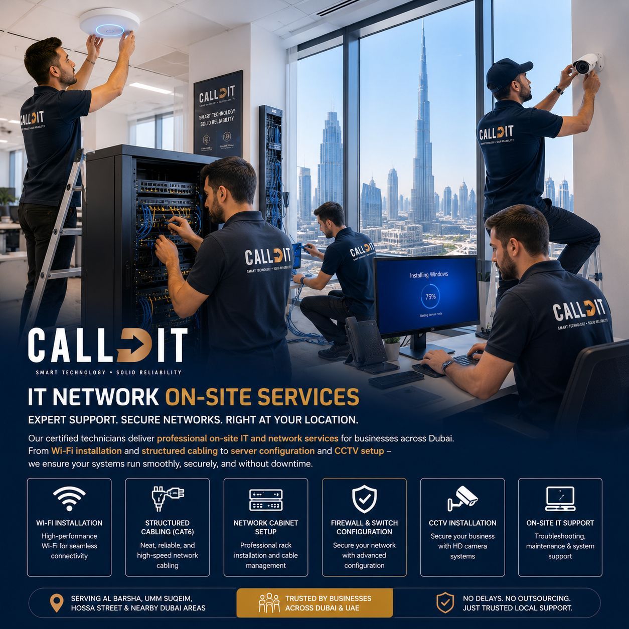 CALLIT IT INFRASTRUCTURE IT network on-site services in Dubai, Abu Dhabi and UAE featuring Wi-Fi installation, CAT6 structured cabling, firewall and switch configuration, CCTV installation, server rack setup, business IT support, and enterprise network infrastructure solutions for offices and commercial businesses.