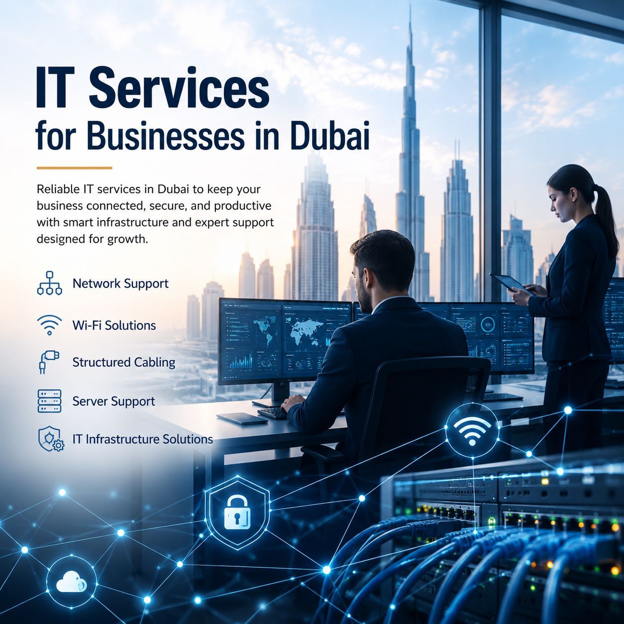 IT services for businesses in Dubai by CALLIT IT INFRASTRUCTURE featuring enterprise network support, Wi-Fi solutions, server infrastructure, structured cabling, cybersecurity, and scalable business IT solutions across Dubai, Abu Dhabi, and the UAE.