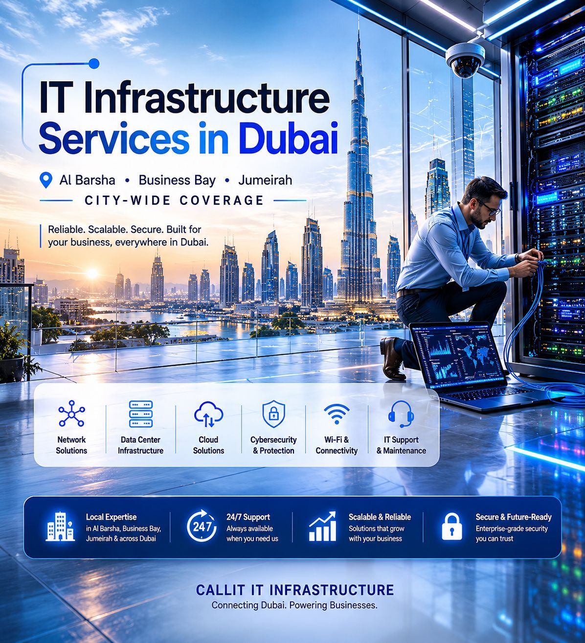 CALLIT IT INFRASTRUCTURE hero image showcasing professional IT infrastructure services in Dubai, Al Barsha, Business Bay, and Jumeirah including network solutions, server infrastructure, cybersecurity, Wi-Fi systems, cloud solutions, and business IT support with Burj Khalifa skyline background.