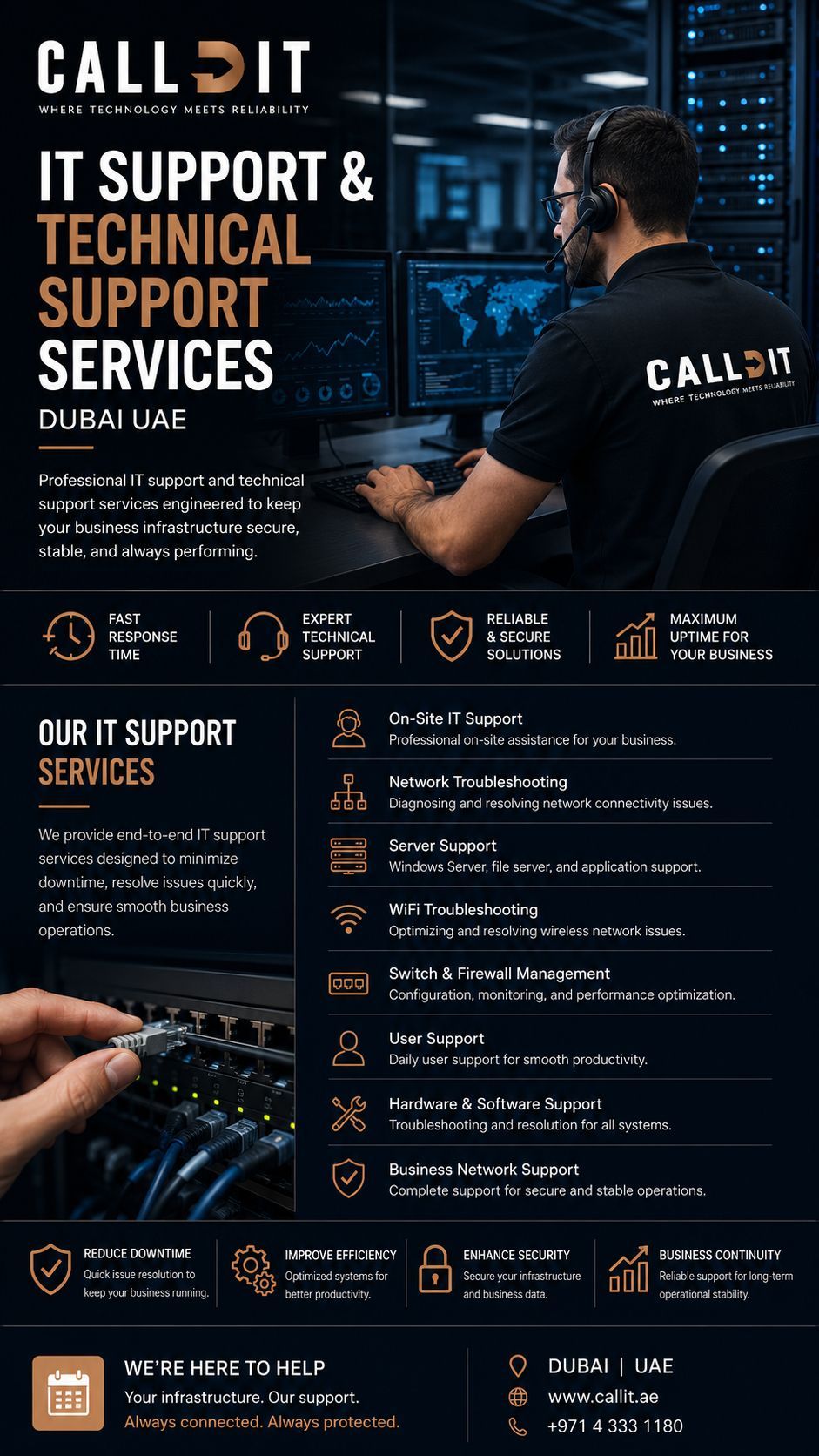 CALLIT IT INFRASTRUCTURE professional IT support and technical support services in Dubai UAE featuring business network troubleshooting, server support, WiFi troubleshooting, switch and firewall management, business infrastructure diagnostics, secure operational support environments, enterprise technical assistance, infrastructure maintenance, and reliable business continuity solutions engineered for commercial and enterprise environments across Dubai and the UAE.