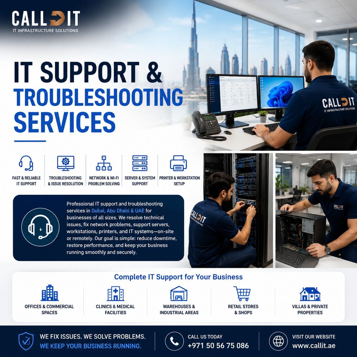 CALLIT IT INFRASTRUCTURE IT support and troubleshooting services in Dubai, Abu Dhabi and UAE featuring business IT support, network troubleshooting, workstation repair, server support, Wi-Fi diagnostics, printer setup, hardware maintenance, and enterprise IT infrastructure solutions for commercial businesses.
