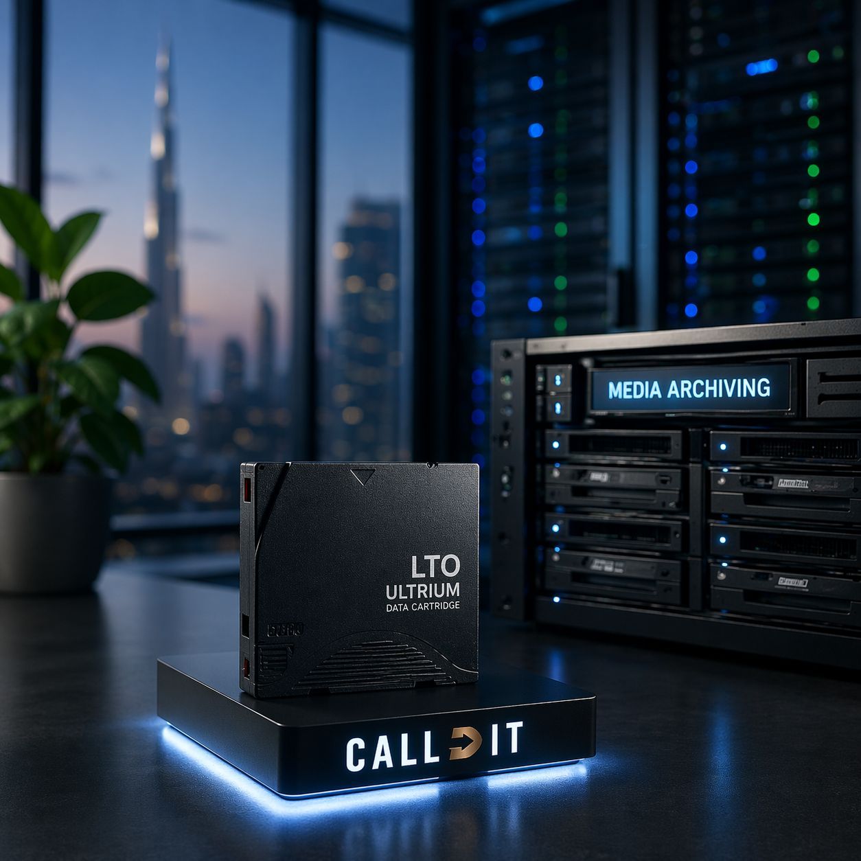 Media archiving solutions in Dubai by CALLIT IT INFRASTRUCTURE featuring Burj Khalifa skyline and branded LTO storage system delivering secure backup high-speed data workflows and scalable media infrastructure for studios post-production houses and content creators