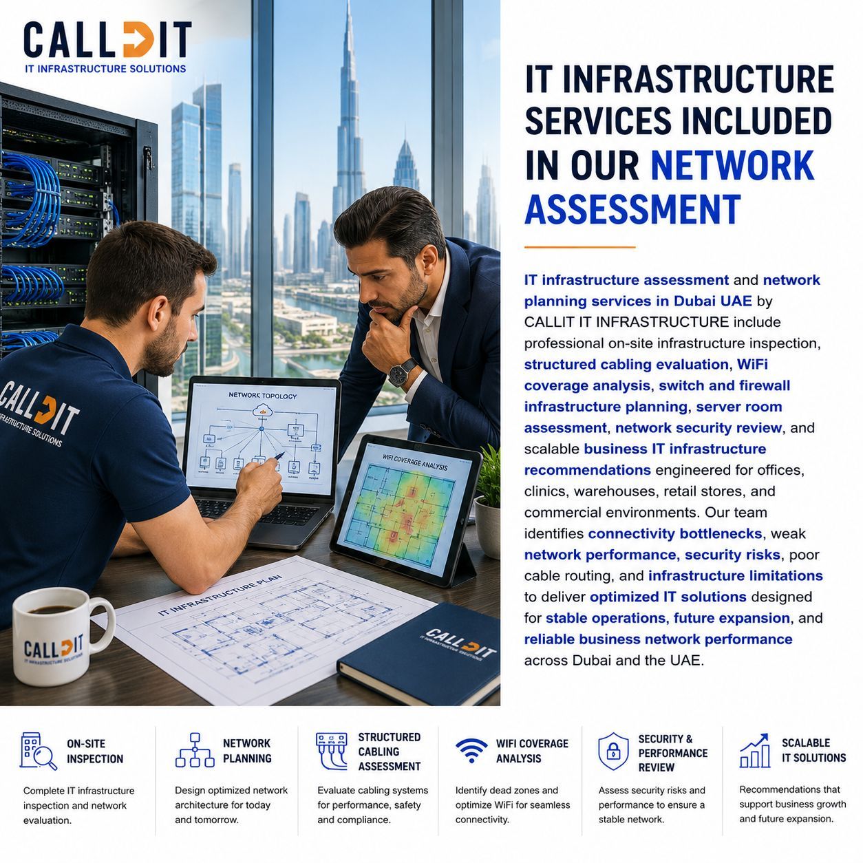 CALLIT IT INFRASTRUCTURE network assessment and IT infrastructure services in Dubai UAE featuring on-site infrastructure inspection, structured cabling assessment, WiFi coverage analysis, network planning, firewall and switch infrastructure evaluation, server room assessment, and scalable business IT infrastructure solutions with Dubai skyline and Burj Khalifa background.
