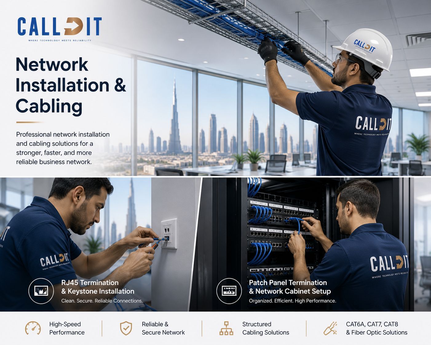CALLIT IT INFRASTRUCTURE network installation and cabling services in Dubai, Abu Dhabi and UAE featuring CAT6A, CAT7, CAT8, and fiber optic solutions, structured cabling, RJ45 keystone termination, patch panel installation, network rack setup, and enterprise business IT infrastructure services.