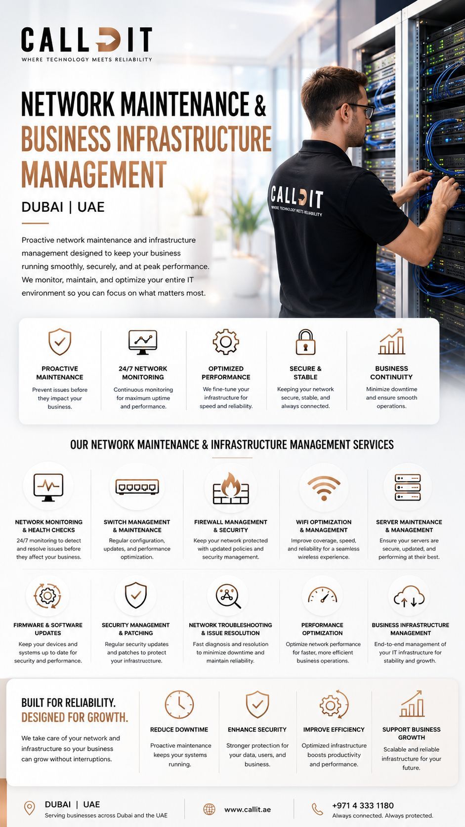 CALLIT IT INFRASTRUCTURE professional network maintenance and business infrastructure management services in Dubai UAE featuring proactive network monitoring, switch management, firewall maintenance, WiFi optimization, server maintenance, infrastructure diagnostics, firmware updates, secure business connectivity, performance optimization, and scalable enterprise infrastructure management environments engineered for stable and secure business operations across Dubai and the UAE.