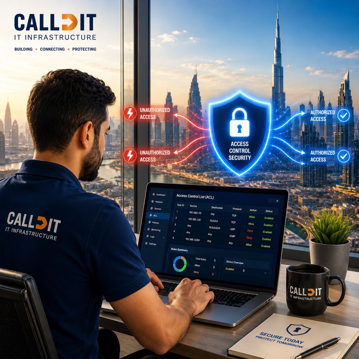 CALLIT IT INFRASTRUCTURE network security MAC Address ACL solutions in Dubai, Abu Dhabi and UAE featuring secure access control configuration, unauthorized device blocking, MAC address filtering, network segmentation, managed switch security, and enterprise business network protection with Dubai skyline and Burj Khalifa background.