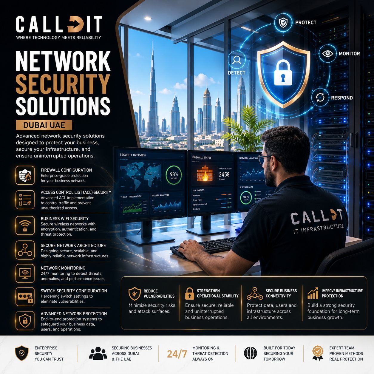 CALLIT IT INFRASTRUCTURE professional network security solutions in Dubai UAE featuring firewall configuration, Access Control List (ACL) security, business WiFi security, secure network architecture, network monitoring, switch security configuration, advanced business network protection systems, enterprise cybersecurity infrastructure, and secure IT environments for modern businesses across Dubai and the UAE.