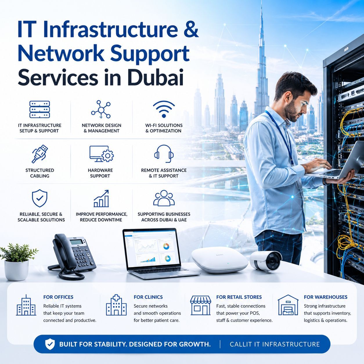 IT infrastructure and network support services in Dubai by CALLIT IT INFRASTRUCTURE featuring structured cabling, Wi-Fi solutions, server support, remote IT assistance, and business network infrastructure with Dubai skyline and Burj Khalifa background.