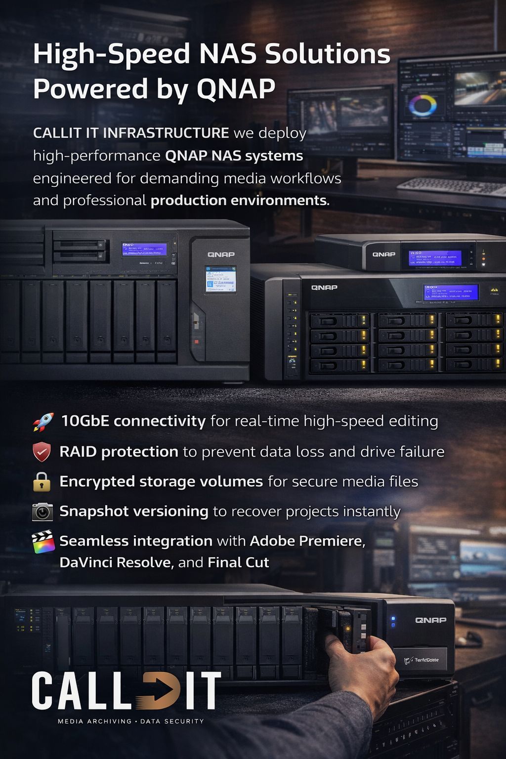 CALLIT IT INFRASTRUCTURE high-speed QNAP NAS media archiving system in Dubai featuring 10GbE connectivity RAID protection encrypted storage snapshot versioning and professional video editing workflows