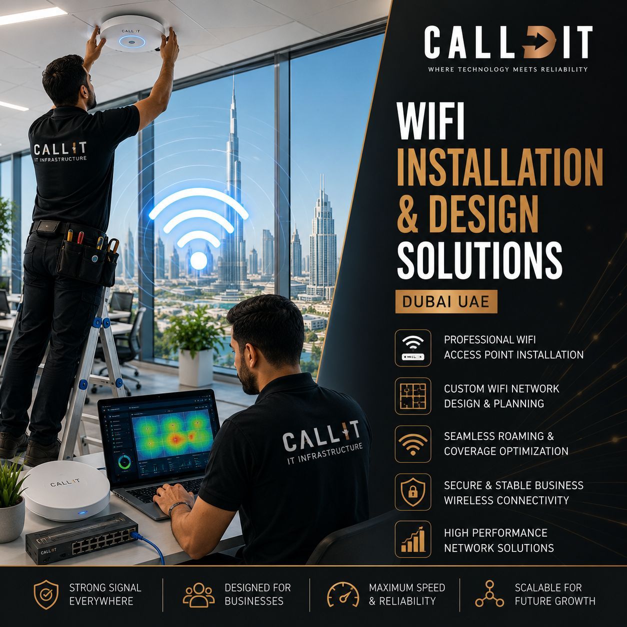 CALLIT IT INFRASTRUCTURE professional WiFi installation and design solutions in Dubai UAE featuring enterprise wireless network deployment, WiFi access point installation, seamless roaming configuration, business wireless connectivity, network performance optimization, secure WiFi infrastructure, and scalable wireless networking solutions for modern businesses across Dubai and the UAE.