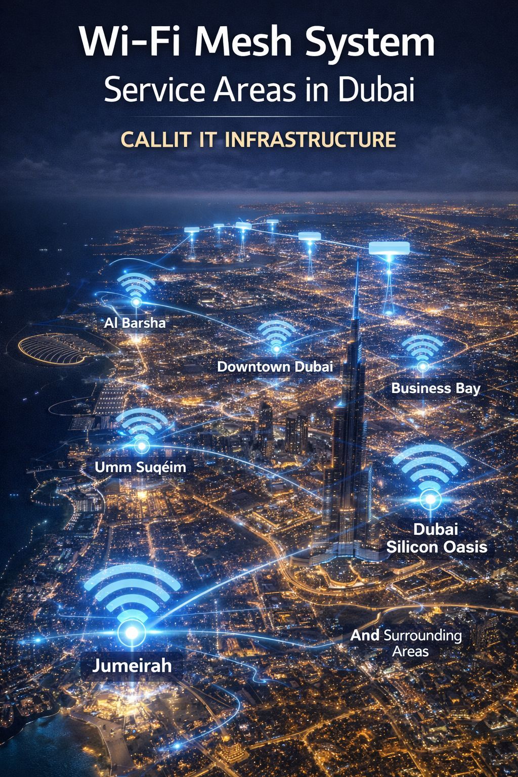 CALLIT IT INFRASTRUCTURE Wi-Fi mesh system service areas in Dubai showing network coverage across Al Barsha Business Bay Downtown Dubai Jumeirah and major commercial locations with high-speed wireless connectivity in UAE