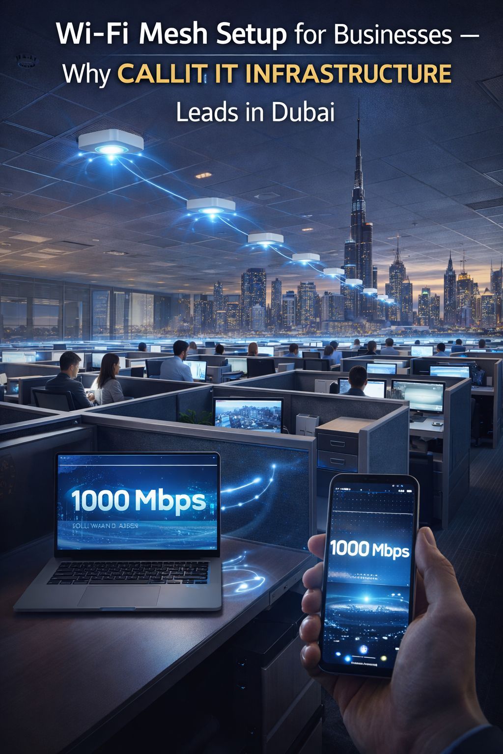 CALLIT IT INFRASTRUCTURE Wi-Fi mesh setup in Dubai delivering enterprise wireless network with seamless roaming ceiling access points and 1Gbps high-speed connectivity for offices and commercial environments in UAE