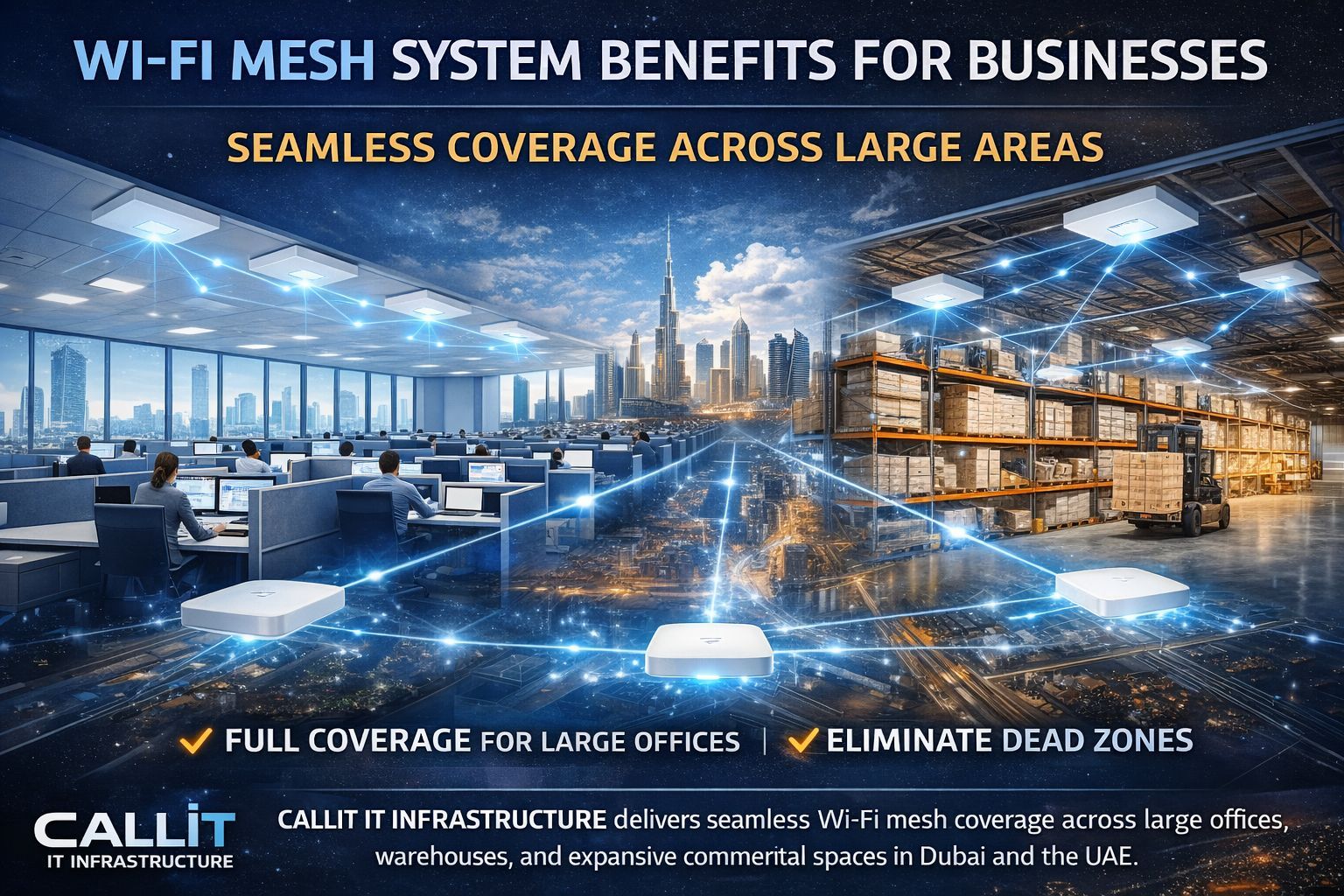 CALLIT IT INFRASTRUCTURE Wi-Fi mesh system installation in Dubai delivering seamless wireless coverage across large offices warehouses and commercial spaces with no dead zones and high-speed connectivity in UAE
