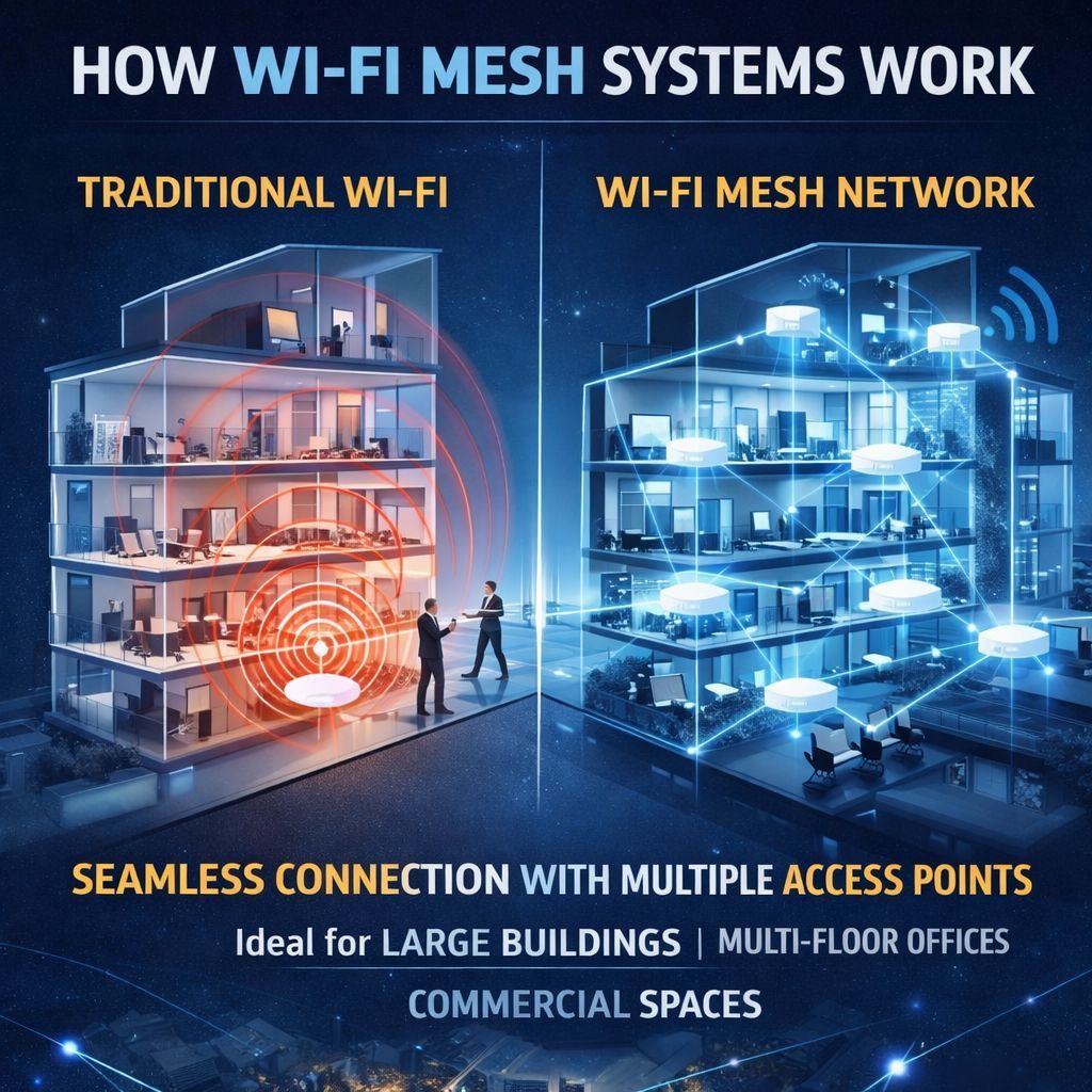 CALLIT IT INFRASTRUCTURE Wi-Fi mesh system explained showing difference between traditional Wi-Fi and mesh network with multiple access points delivering seamless coverage for large offices multi-floor buildings and commercial environments in Dubai UAE
