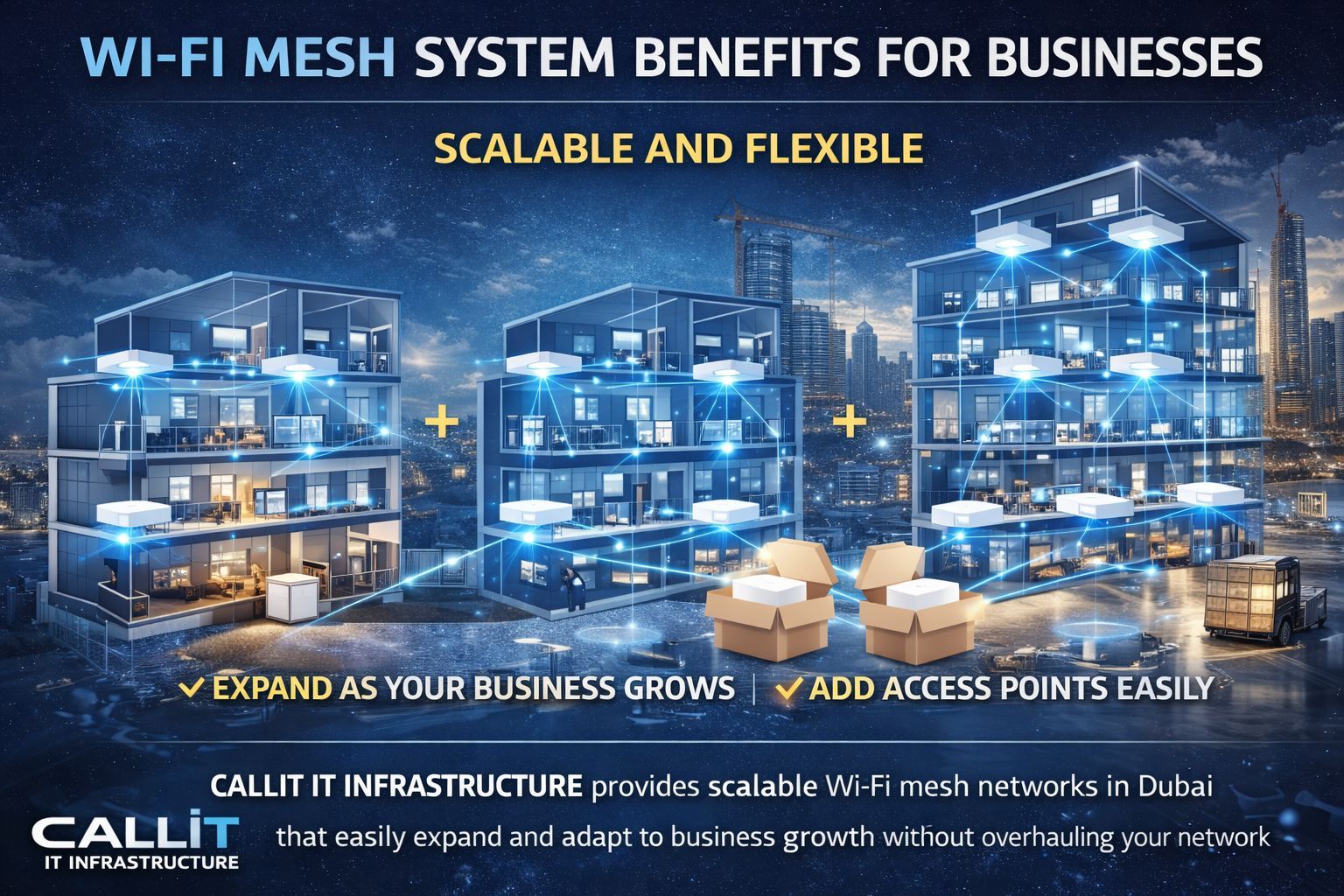 CALLIT IT INFRASTRUCTURE scalable Wi-Fi mesh system installation in Dubai showing expandable wireless network with multiple access points for growing offices multi-floor buildings and large commercial environments in UAE