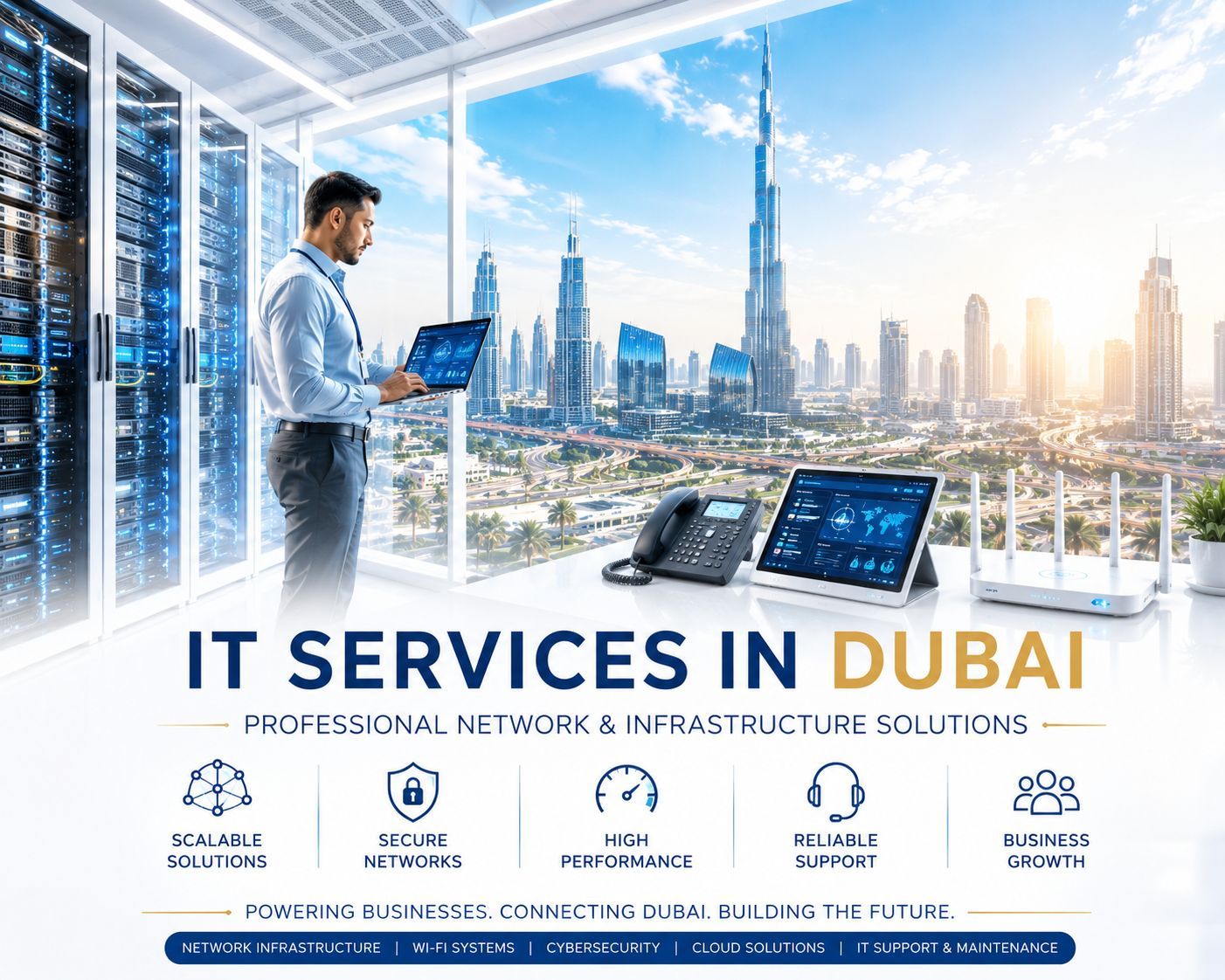 CALLIT IT INFRASTRUCTURE subtitle image showcasing professional IT services in Dubai including network infrastructure, cybersecurity, Wi-Fi systems, structured cabling, server infrastructure, and enterprise IT support with Burj Khalifa and Dubai skyline background.